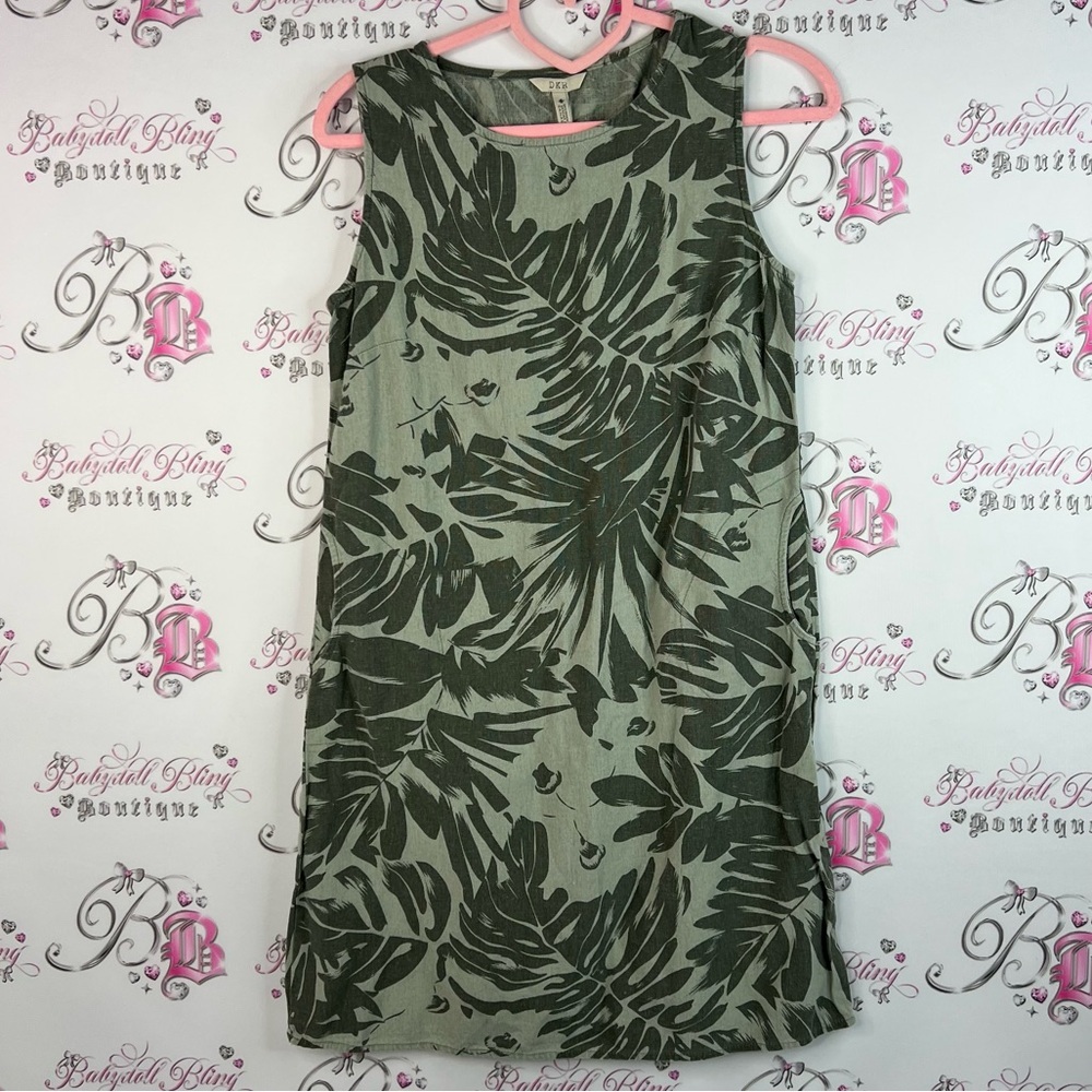 DKR dress linen leafs floral olive Tropical Green Leaf Print Mini Dress